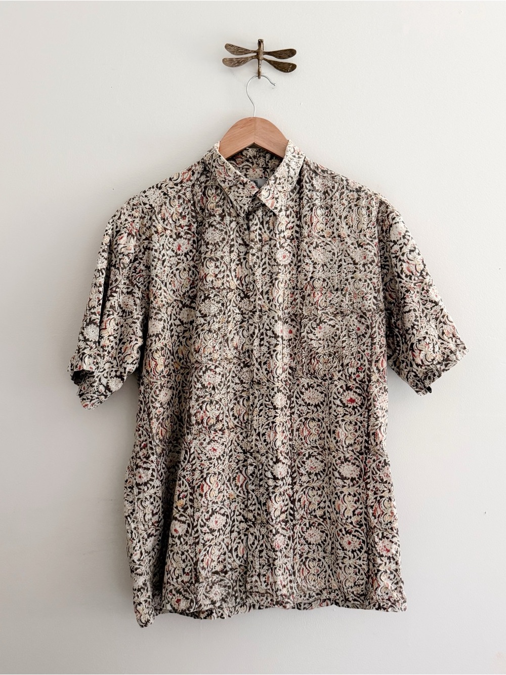 Vintage Rasi Neutral Floral Print Short Sleeve Mens Button Down